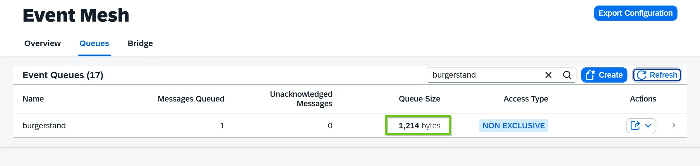 The relevant queue in SAP Event Mesh containing a single message