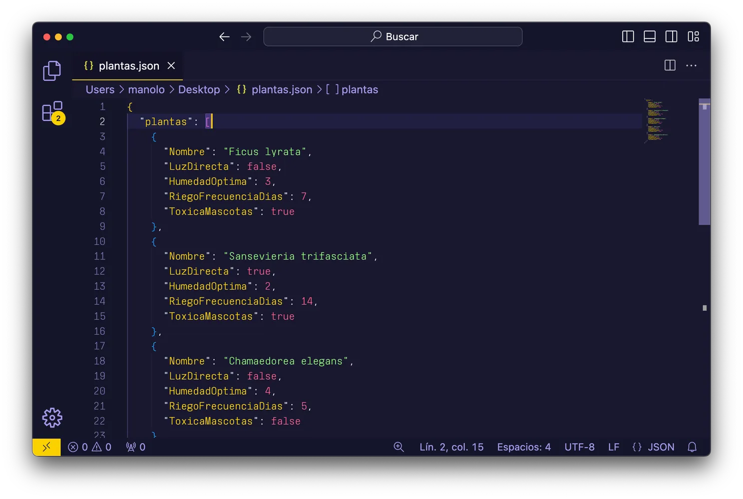 Sample JSON message with info about plants