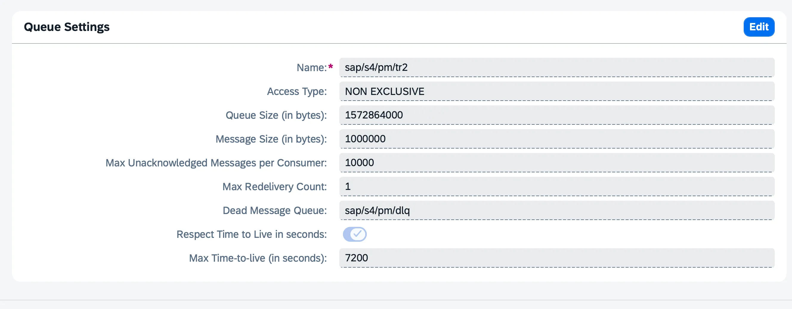 Queue configuration in SAP Event Mesh, showing the Max Redelivery Count and Dead Message Queue fields.